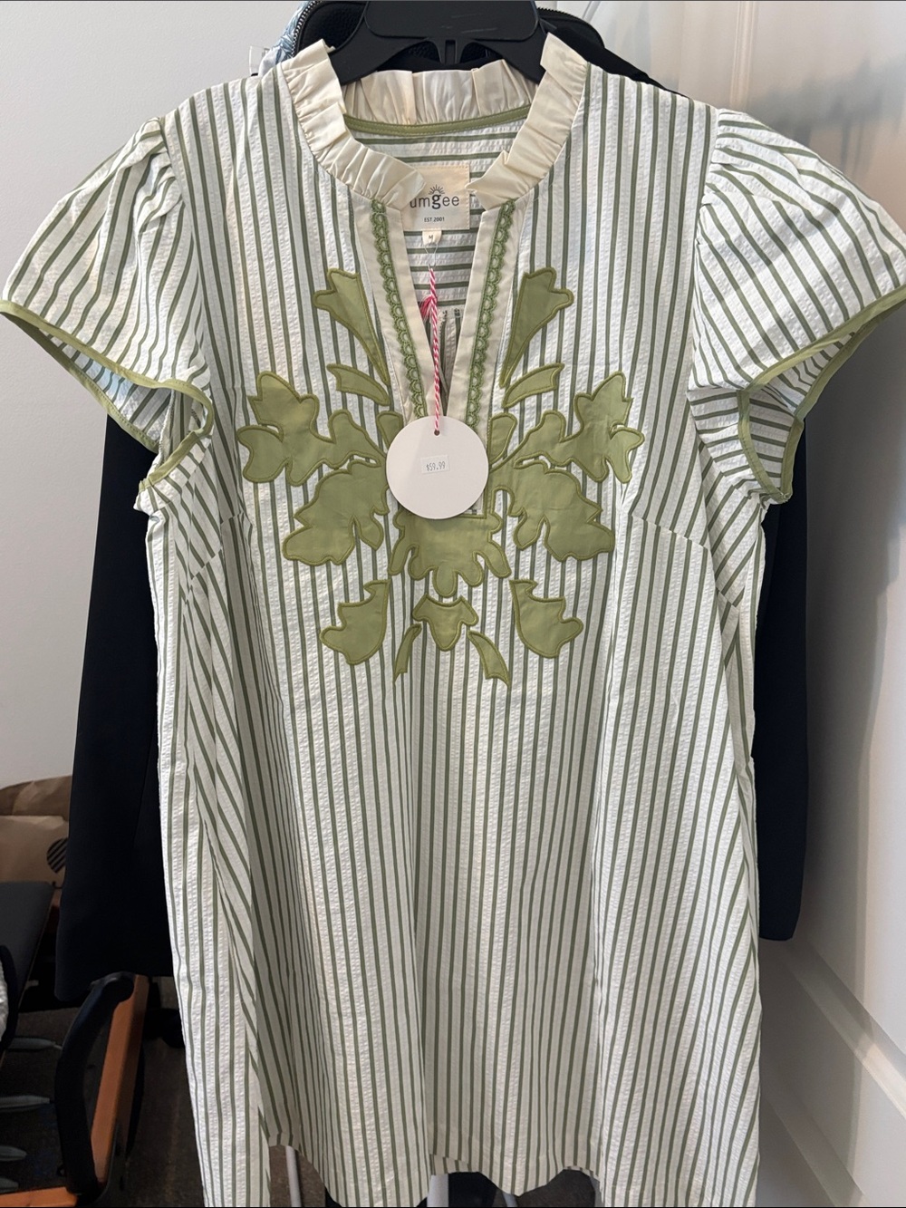Umgee Sage and White Striped Embroidered Girls' Dress